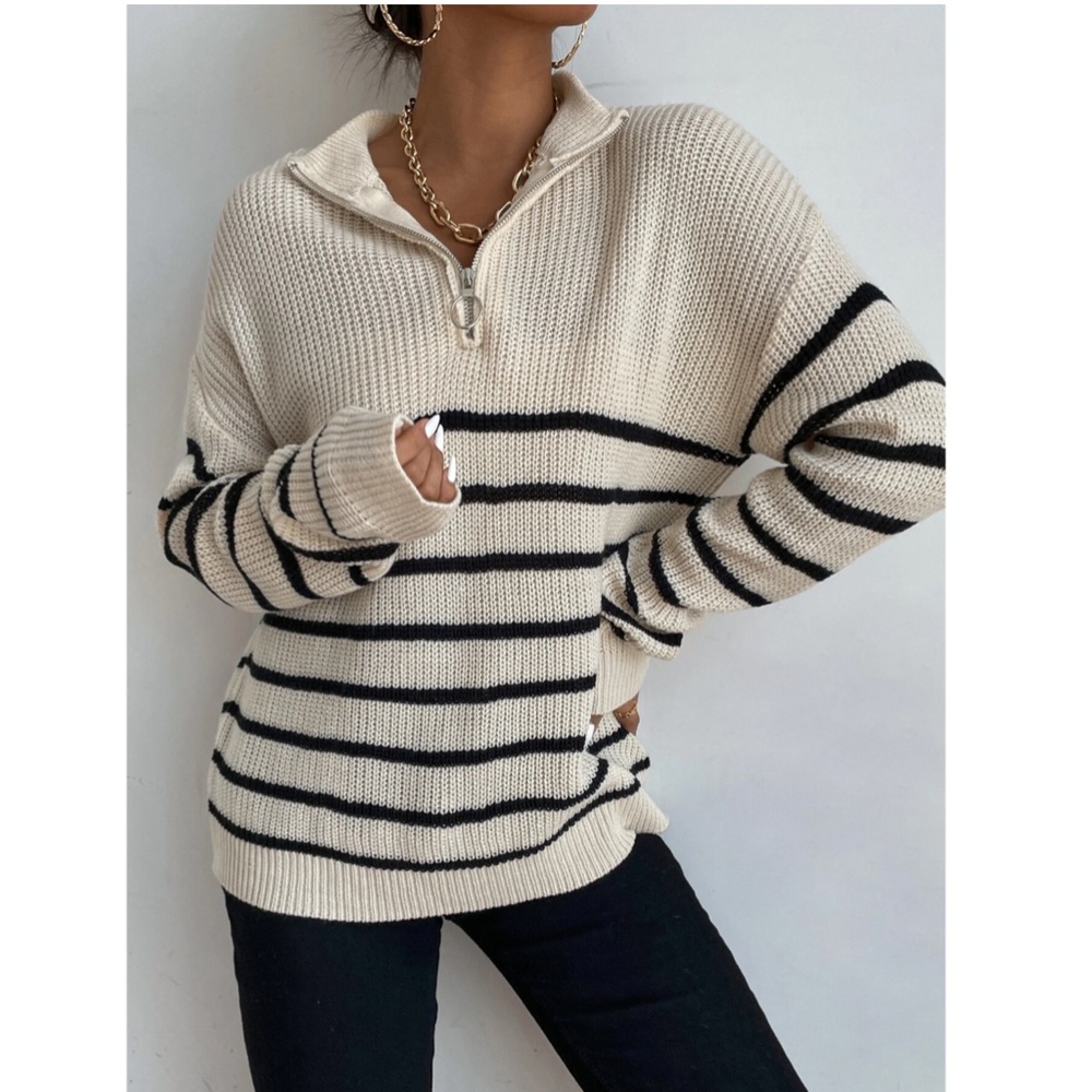 Striped Pullover Zip Collar Sweater Knit - Picture 5 of 8
